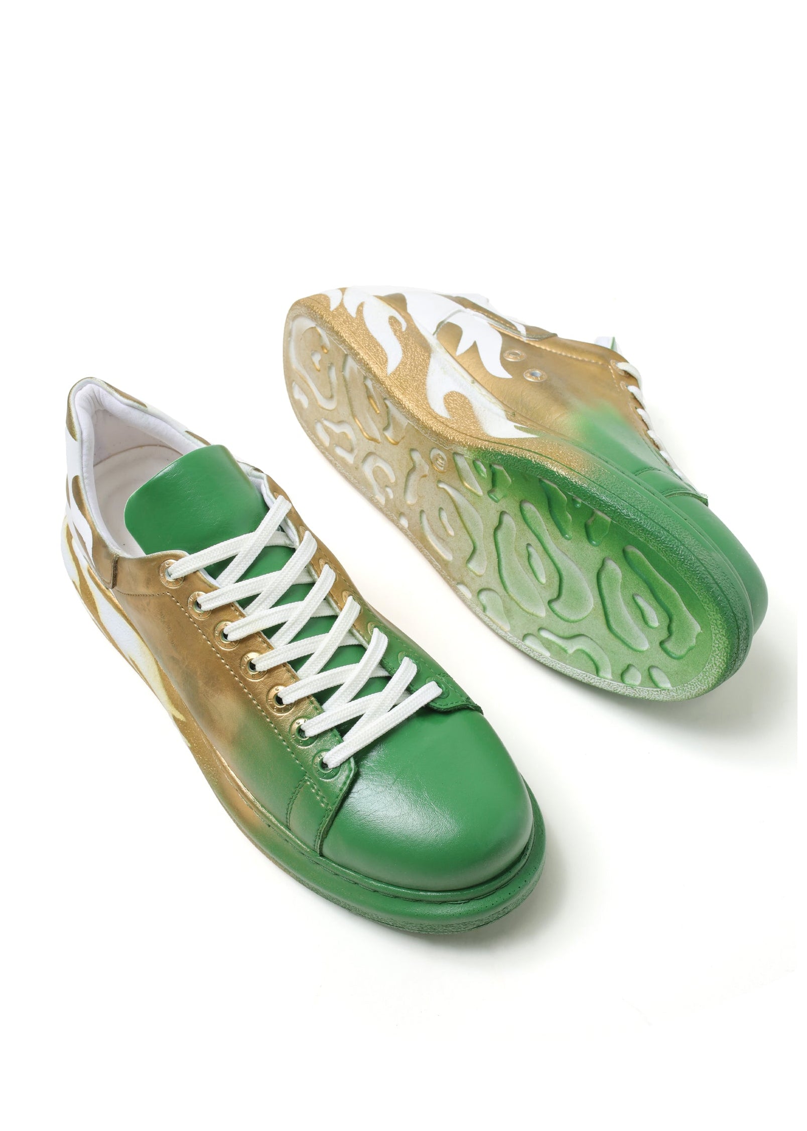 Kinetic Vibe Dynamic Vibe green and gold flame sneaker by Apollo Moda, fourth angle