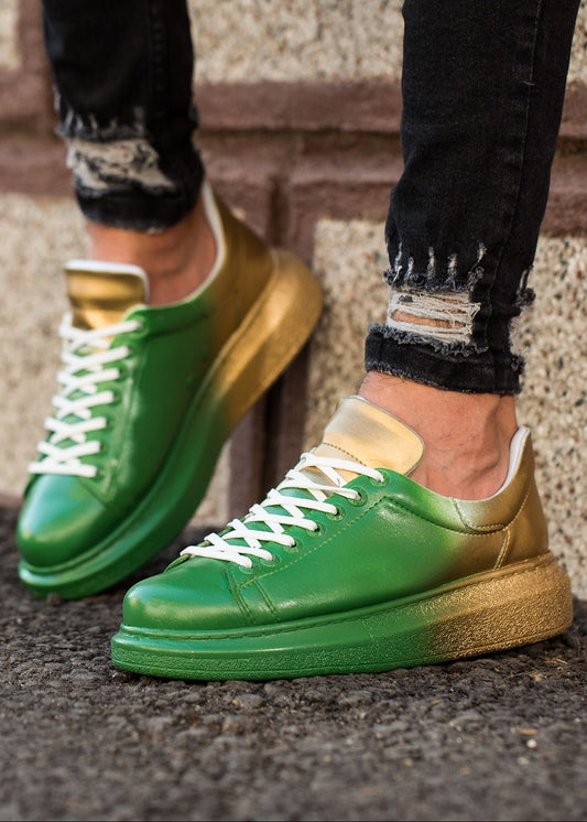 Men's Color Wave Twilight Fusion by Apollo Moda, hand-painted green and gold gradient sneaker, second angle