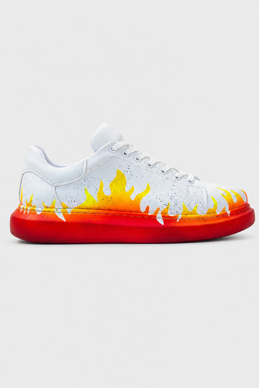 Apollo Moda Men's Kinetic Vibe Fusion Pulse red and yellow flame hand-painted sneaker, main product photo