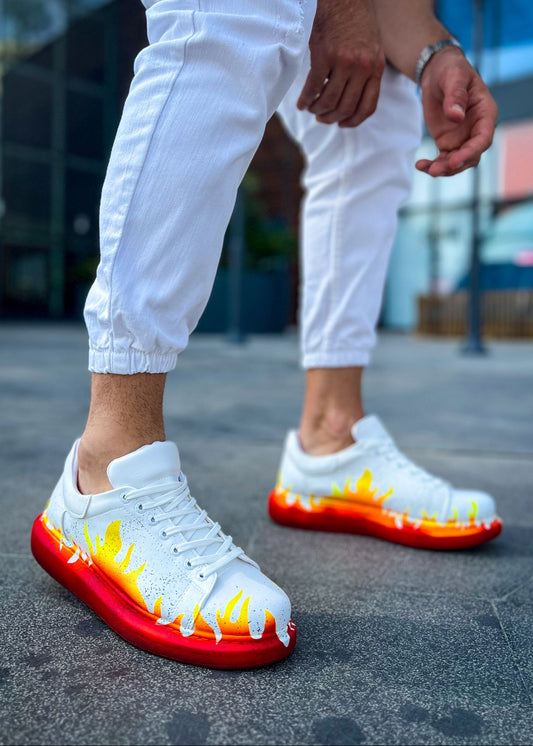 Kinetic Vibe Fusion Pulse hand-painted flame custom sneaker by Apollo Moda, second angle