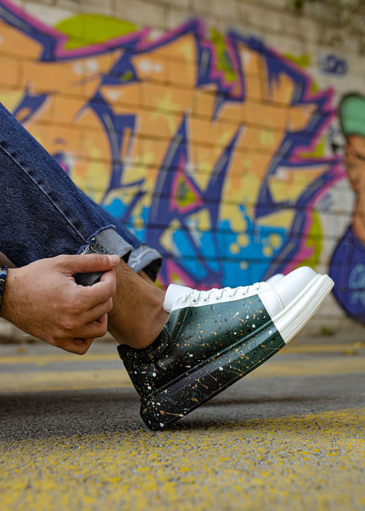 Men's Urban Pulse Rhythm Shift by Apollo Moda, white sneaker with green and black splatter, second angle