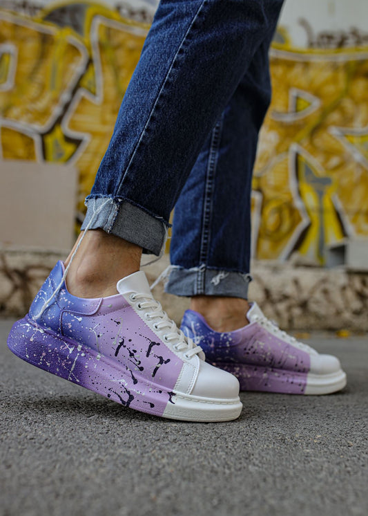 Men's Urban Pulse Tempo Drive by Apollo Moda, white sneaker with lavender splatter paint, second angle