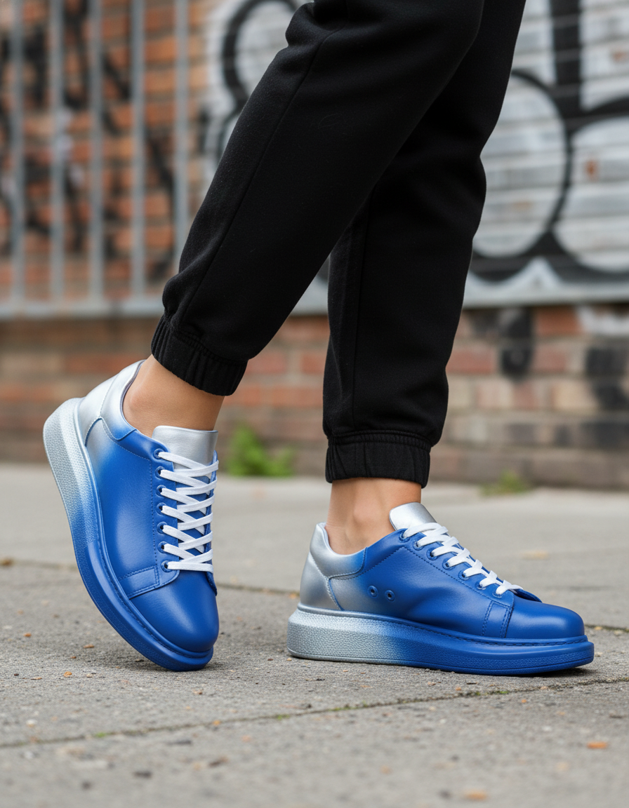 Women's Color Wave Duo Dynamics by Apollo Moda, hand-painted blue and silver fade sneaker, second angle